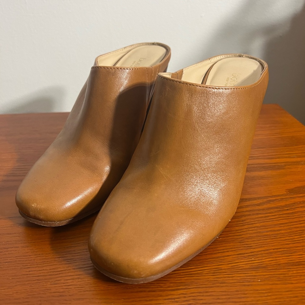 Lightly worn cognac brown leather mule heels